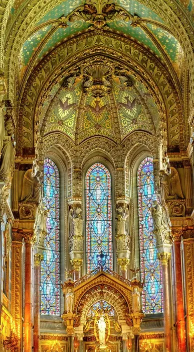 Framed Print : Colorful mosaics, altar, stained glass, Basilica of Notre Dame de Fourviere, Lyon, France. Built from 1872 to 1896. (Editorial Use Only)
