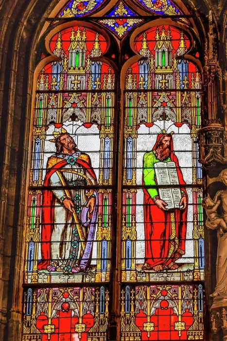 Framed Print : Colorful Moses, King David stained glass, Eglise Saint-Bonaventure, Lyon, France. Church finished 1327. (Editorial Use Only)