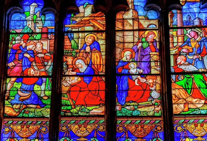 Framed Print : Colorful Nativity Virgin Mary, Joseph, Baby Jesus stained glass, Eglise Saint-Bonaventure, Lyon, France. Church finished 1327. (Editorial Use Only)