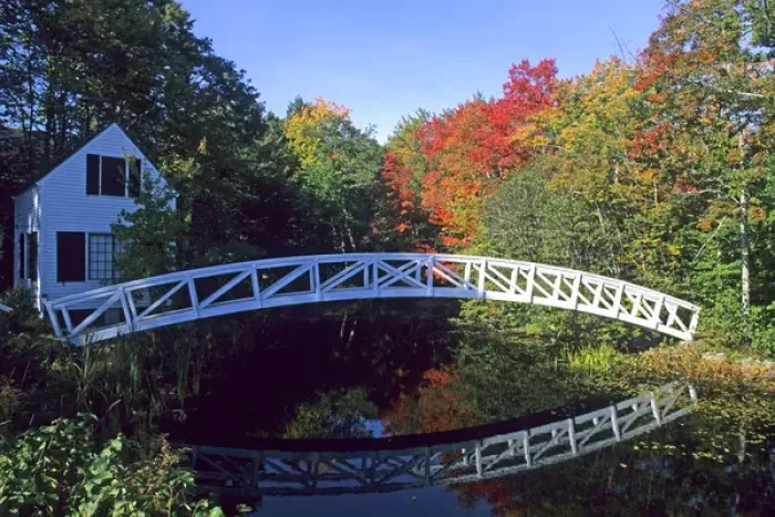 Framed Print : Colorful New England Scene of a Curved Bridge And Water in Somersville Maine Framed Print : Colorful New England Scene of a Curved Bridge And Water in Somersville Maine