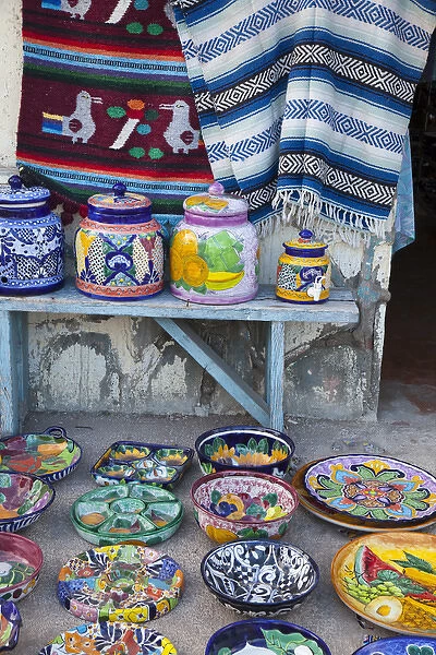 Colorful pottery and blankets for sale in downtown Loreto Mexico