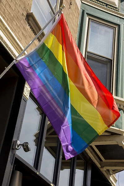 Colorful rainbow flag on Halsted Street in Boystown the gay neighborhood