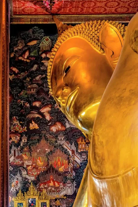 Framed Print : Colorful Reclining Buddha head, Wat Pho Temple, Bangkok, Thailand. Temple built in 1600's. Reclining Buddha built in 1832