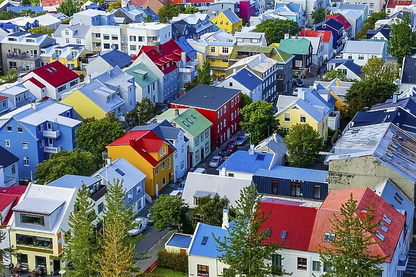 Colorful red green blue yellow Houses Cars Streets, Reykjavik, Iceland