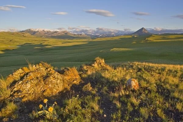 Colorful Reef outcropping with Haystack Butte on the Rocky Mountain Front of Montana