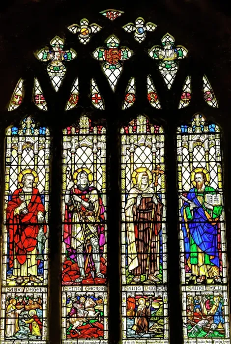 Framed Print : Colorful Saints Peter Paul Petroc and George stained glass, St. Petroc Church, Dartmouth, Devon, England. Church was originally founded in 1192. (Editorial Use Only) Framed Print : Colorful Saints Peter Paul Petroc and George stained glass, St. Petroc Church, Dartmouth, Devon, England. Church was originally founded in 1192. (Editorial Use Only)