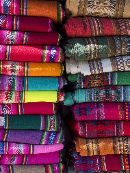 Colorful scarfs or blankets for tourists. Town of Humahuaca in the Quebrada de Humahuaca canyon