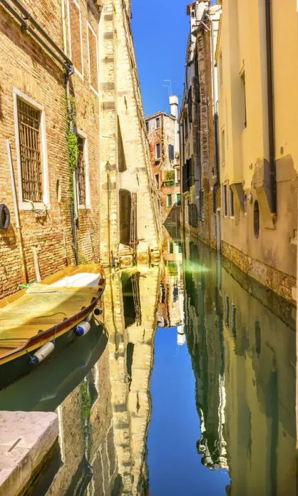 Framed Print : Colorful small boats. Building reflection, Venice, Italy