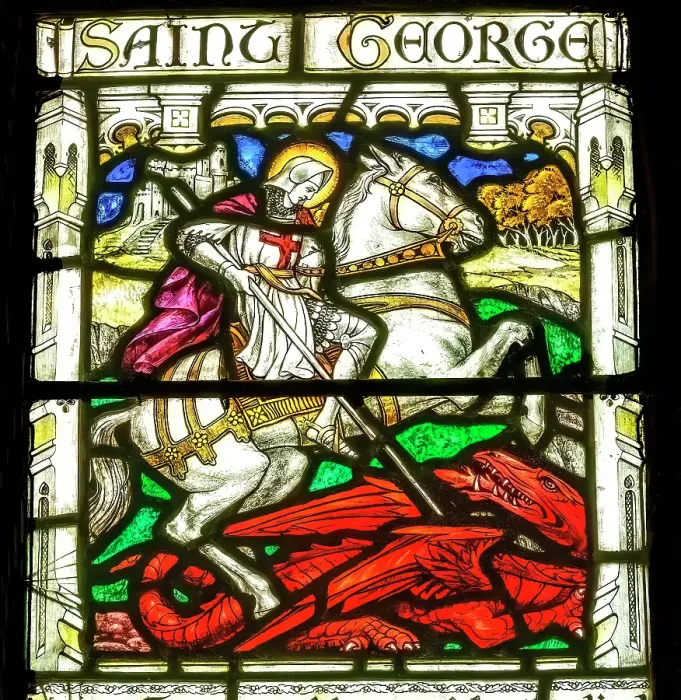 Framed Print : Colorful St. George and the Red Dragon stained glass, St. Petroc Church, Dartmouth, Devon, England. St. George allegedly killed dragon in 1000 AD. Church originally founded in 1192. (Editorial Use Only) Framed Print : Colorful St. George and the Red Dragon stained glass, St. Petroc Church, Dartmouth, Devon, England. St. George allegedly killed dragon in 1000 AD. Church originally founded in 1192. (Editorial Use Only)