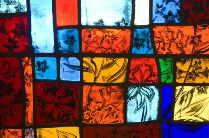 Framed Print : Colorful stained glass at a church with nature themes Framed Print : Colorful stained glass at a church with nature themes