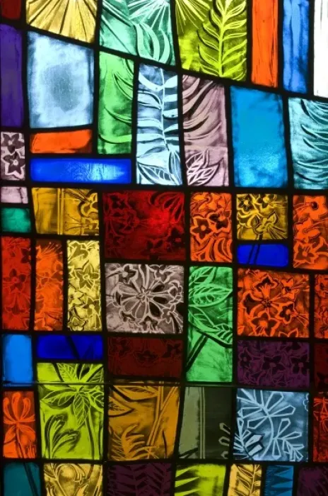 Framed Print : Colorful stained glass at a church with nature themes Framed Print : Colorful stained glass at a church with nature themes