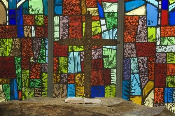 Colorful stained glass at a church with nature themes