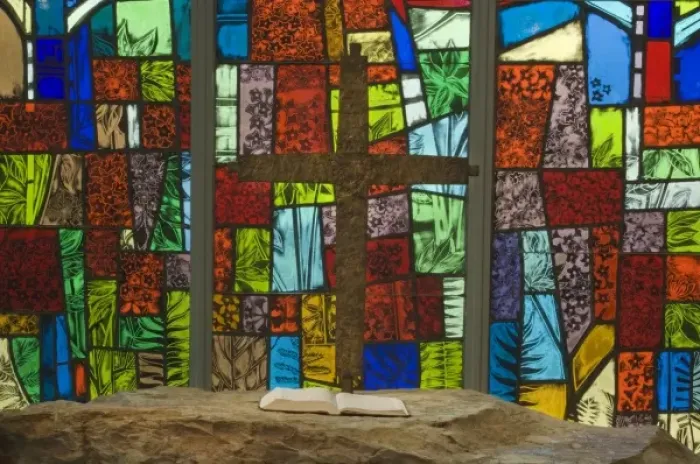 Framed Print : Colorful stained glass at a church with nature themes Framed Print : Colorful stained glass at a church with nature themes