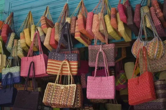Framed Print : Colorful straw bags on display in market, Lima, Peru Framed Print : Colorful straw bags on display in market, Lima, Peru