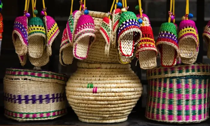 Framed Print : Colorful Straw baskets, shoes and other handicraft items, Chengdu, Sichuan, China