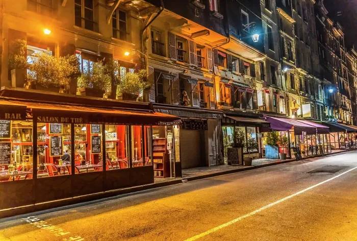 Framed Print : Colorful street, Inner Harbor, Honfleur, France