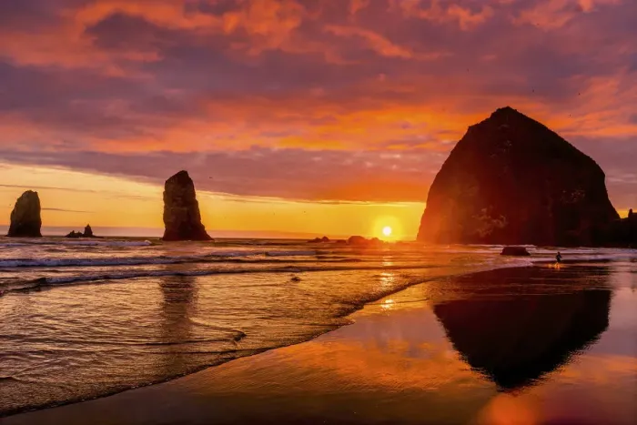 Framed Print : Colorful sunset, birds, Haystack Rock sea stacks, Canon Beach, Clatsop County, Oregon Framed Print : Colorful sunset, birds, Haystack Rock sea stacks, Canon Beach, Clatsop County, Oregon