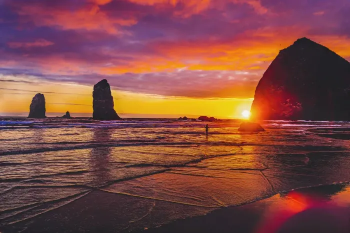 Framed Print : Colorful sunset, Haystack Rock sea stacks, Canon Beach, Clatsop County, Oregon