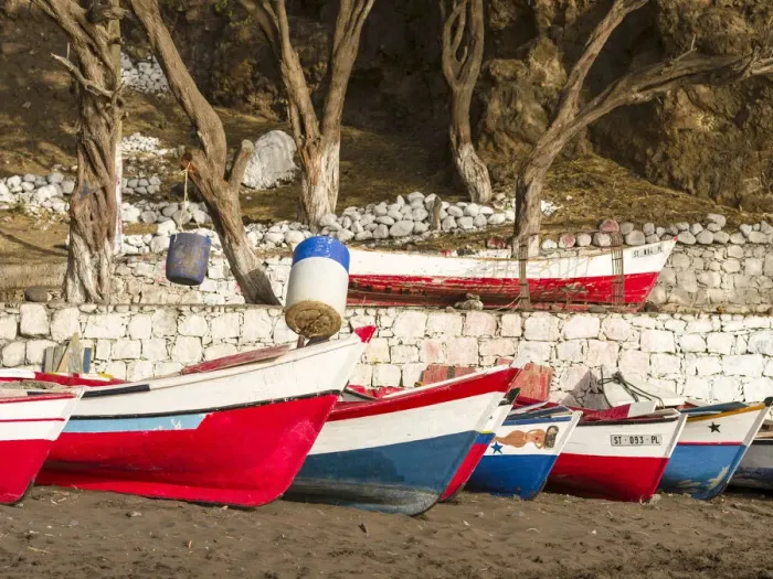 Framed Print : Colorful traditional fishing boats at the historic waterfront