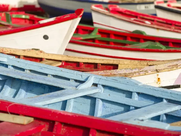 Framed Print : Colorful traditional fishing boats at the historic waterfront Framed Print : Colorful traditional fishing boats at the historic waterfront
