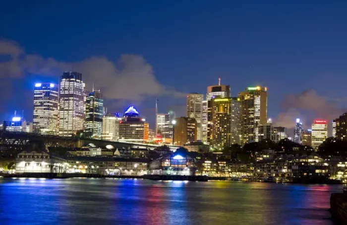 Framed Print : Colorful twilight night shot of colorful skyline of offices in Sydney Australia New Framed Print : Colorful twilight night shot of colorful skyline of offices in Sydney Australia New