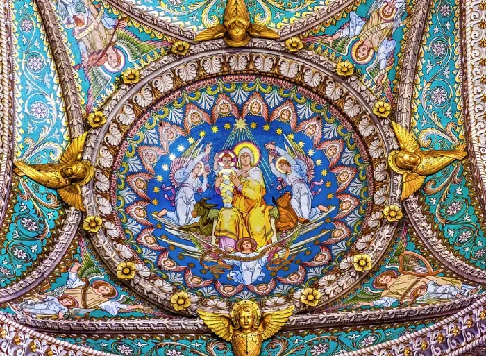 Framed Print : Colorful Virgin Mary, Baby Jesus mosaic, Basilica of Notre Dame de Fourviere, Lyon, France. Built from 1872 to 1896. (Editorial Use Only)