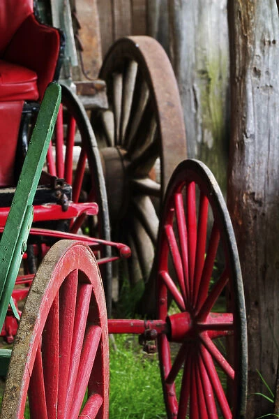 Colorful wagon wheels Pioneer Homestead at Oconoluftee Visitor Center