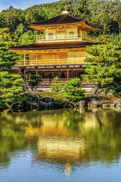 Framed Print : Colorful water reflection, Kinkaku-Ji (Rokuon-Ji) golden pavilion, Kyoto, Japan. Dates to 1397. (Editorial Use Only)