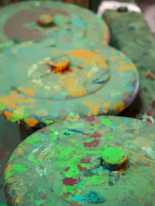 Framed Print : Colors all over container lid in Jaipur, Rajasthan, India