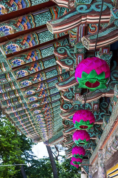 Coloured wooden roof in the Bulguksa temple, Unesco world heritage sight Gyeongju