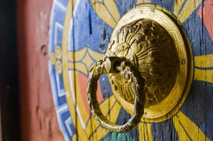 Framed Print : Colourful door knocker, Chimi Lhakhang, Bhutan Framed Print : Colourful door knocker, Chimi Lhakhang, Bhutan