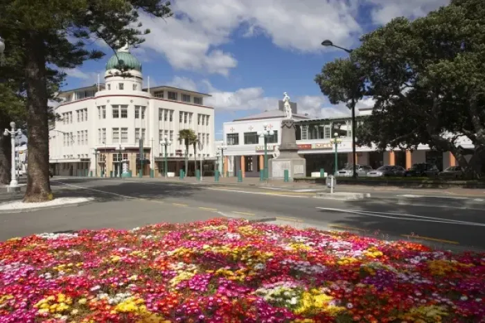 Framed Print : Colourful Flowers and A & B Building, Marine Parade, Napier, Hawkes Bay, North Island Framed Print : Colourful Flowers and A & B Building, Marine Parade, Napier, Hawkes Bay, North Island