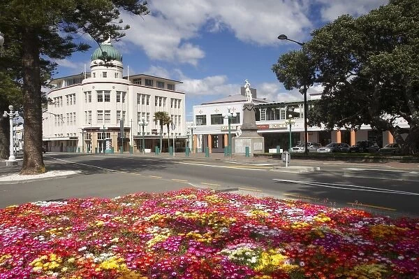 Colourful Flowers and A & B Building, Marine Parade, Napier, Hawkes Bay, North Island