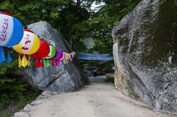 Colourful lanterns in a rock alley, Beopjusa Temple Complex, South Korea