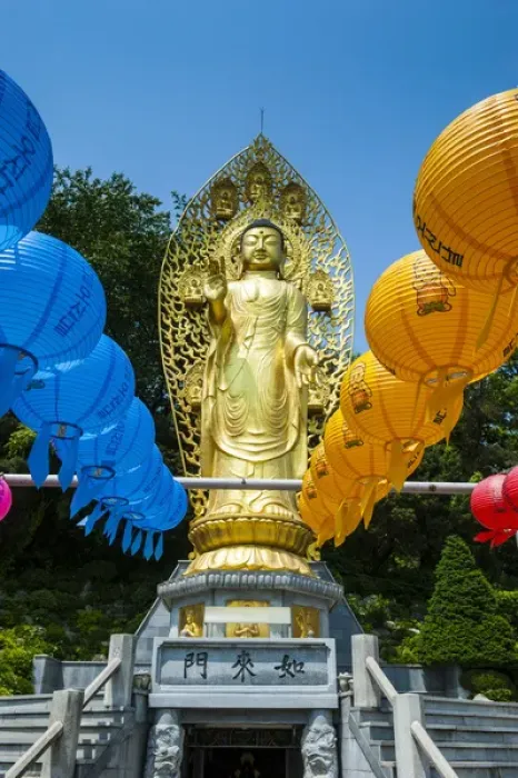 Framed Print : Colourful paper lanterns before a golden bussha in the Unesco world heritage sight Framed Print : Colourful paper lanterns before a golden bussha in the Unesco world heritage sight