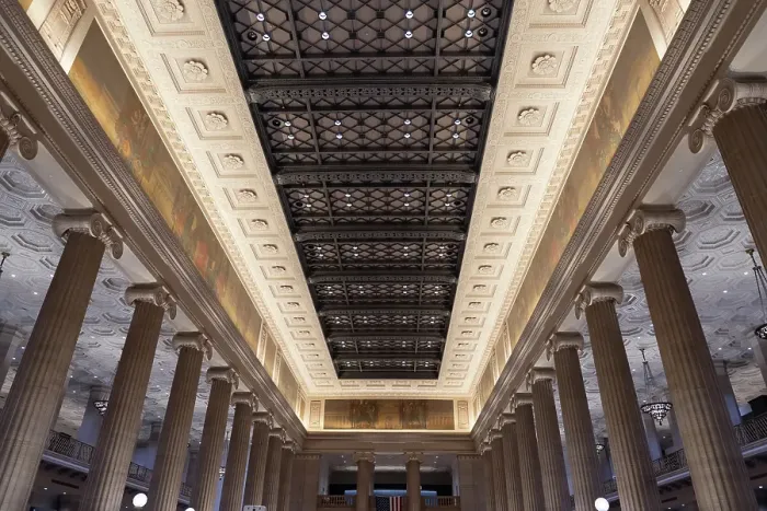 Framed Print : Columns and ornate ceiling of Wintrust Grand Banking Hall on LaSalle Street in Chicago's Loop, financial district, Neoclassical design and built in 1924. (Editorial Use Only) Framed Print : Columns and ornate ceiling of Wintrust Grand Banking Hall on LaSalle Street in Chicago's Loop, financial district, Neoclassical design and built in 1924. (Editorial Use Only)