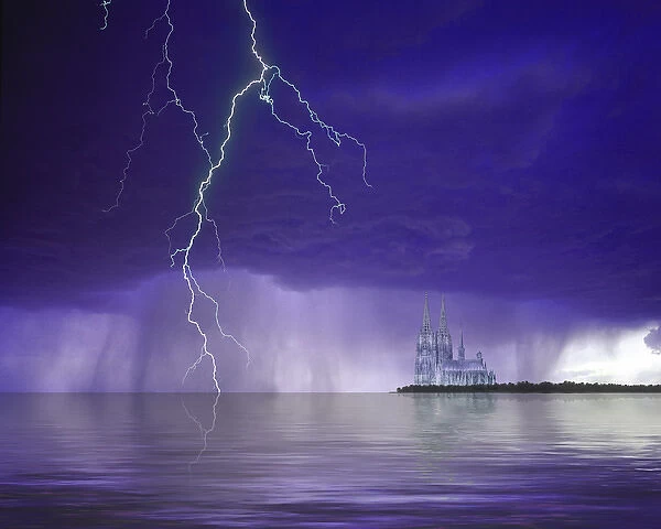 Composite of fantasy cathedral, lightning and water