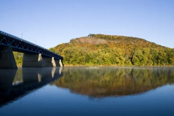 Framed Print : The Connecticut River, State Route 43 bridge, and South Sugarloaf Mountain as seen Framed Print : The Connecticut River, State Route 43 bridge, and South Sugarloaf Mountain as seen