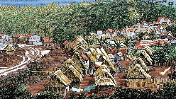 Construction of the Panama Canal. Workers camp in the Highlands of the Emperor. Colored engraving
