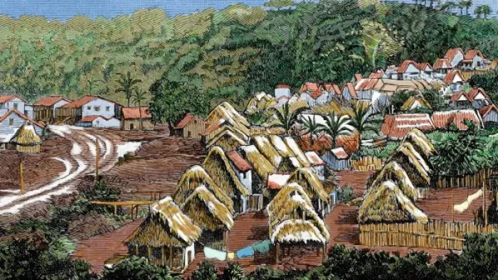 Framed Print : Construction of the Panama Canal. Workers camp in the Highlands of the Emperor. Colored engraving Framed Print : Construction of the Panama Canal. Workers camp in the Highlands of the Emperor. Colored engraving