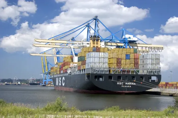 Framed Print : Container ship docked at Le Havre in the deparment of Seine-Maritime, Normandy, France