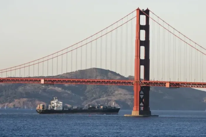Framed Print : A container ship passes under the Golden Gate Bridge entering San Francisco Bay Framed Print : A container ship passes under the Golden Gate Bridge entering San Francisco Bay