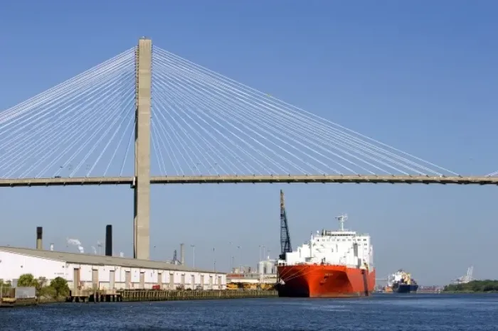 Framed Print : Container ships pass under the Talmadge Memorial Bridge on the Savannah River Framed Print : Container ships pass under the Talmadge Memorial Bridge on the Savannah River