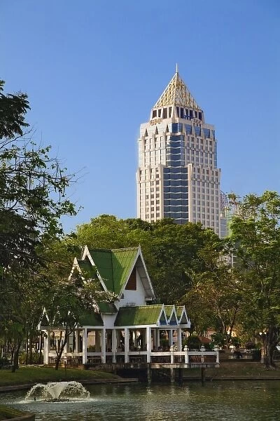 Contrasting traditional style architecture and modern new building. Bangkok, Thailand