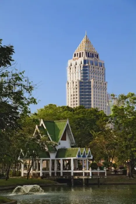 Framed Print : Contrasting traditional style architecture and modern new building. Bangkok, Thailand