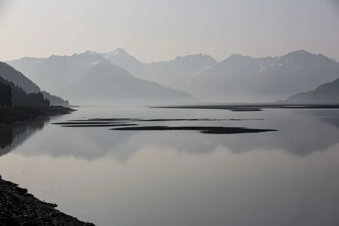 Framed Print : Cook Inlet, Alaska, waterway, curve, mountains, black and white