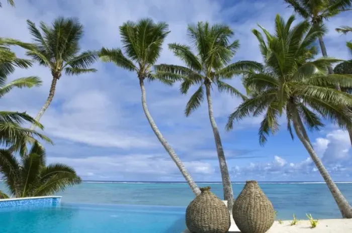 Framed Print : Cook Islands, Rarotonga. Hotel pool surrounded by palm trees Framed Print : Cook Islands, Rarotonga. Hotel pool surrounded by palm trees