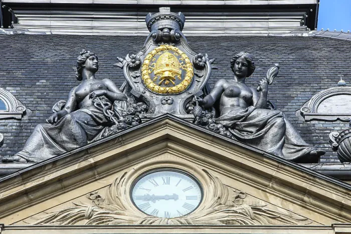 Framed Print : Copenhagen, Denmark. Clock tower, royal coat of arms