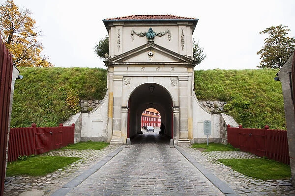 Copenhagen, Denmark - A view of a tunnel entrance to a military barracks. Horizontal shot