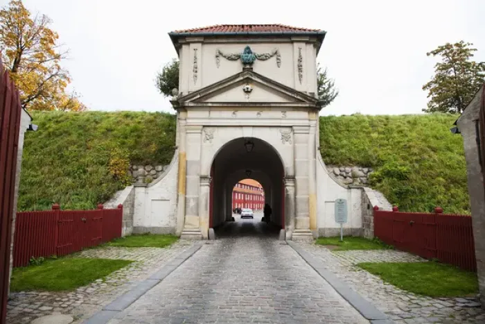 Framed Print : Copenhagen, Denmark - A view of a tunnel entrance to a military barracks. Horizontal shot